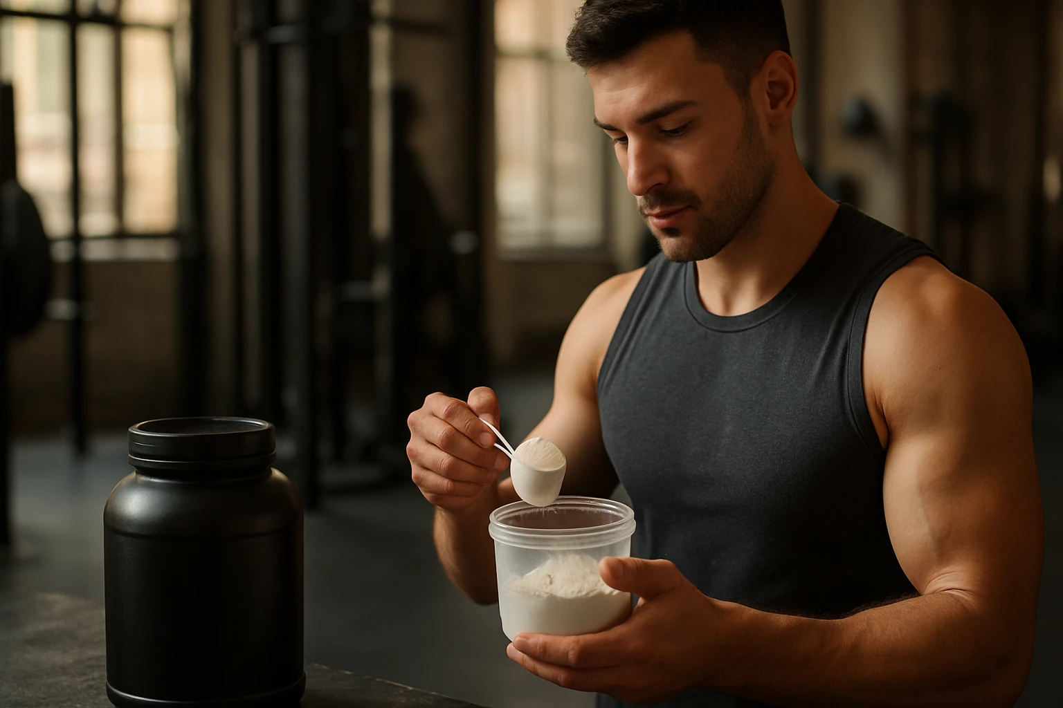 Muž dávkuje kreatín v posilňovni na zvýšenie športových výkonov