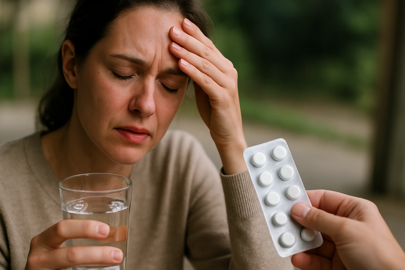 Žena s bolesťou hlavy prijíma liek s vodou na úľavu.