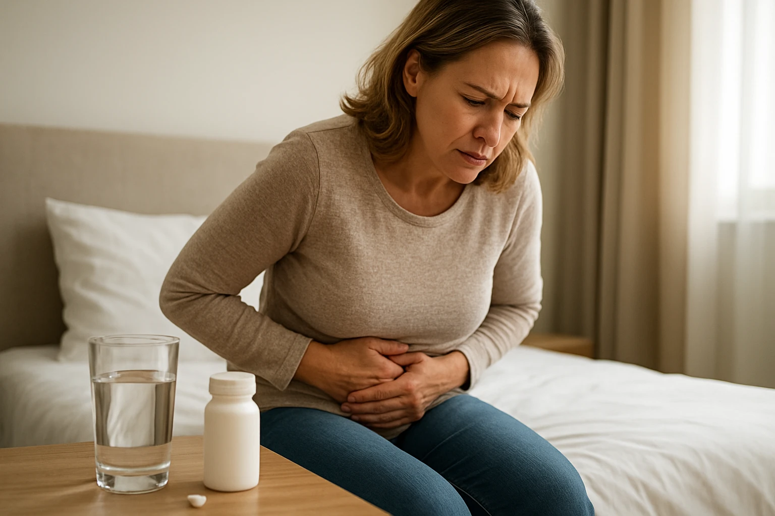 Žena trpiaca bolesťou brucha pri užívaní magnézia na zlepšenie trávenia.
