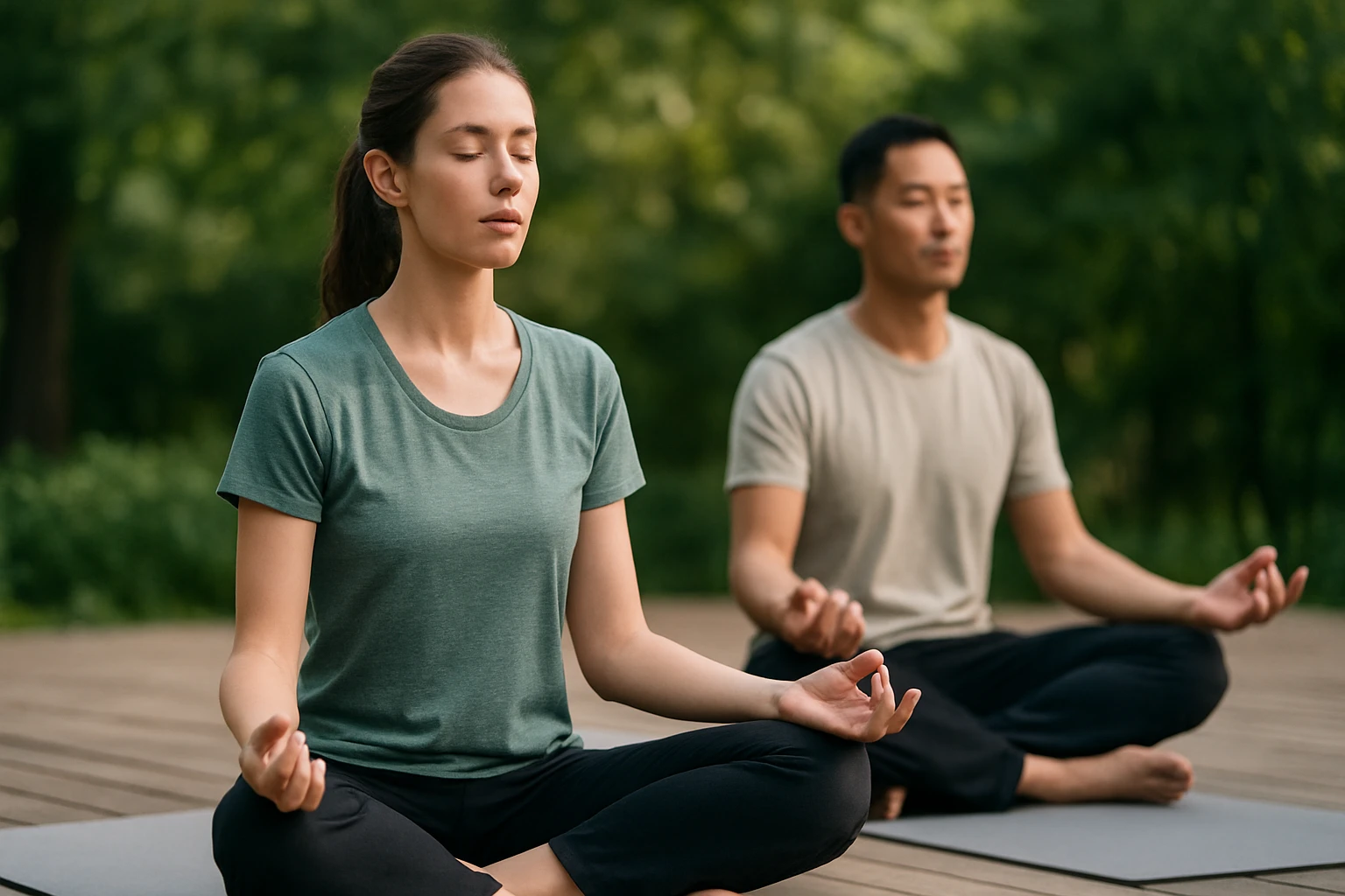 Pár cvičiacich medituje na podložkách v prírode.