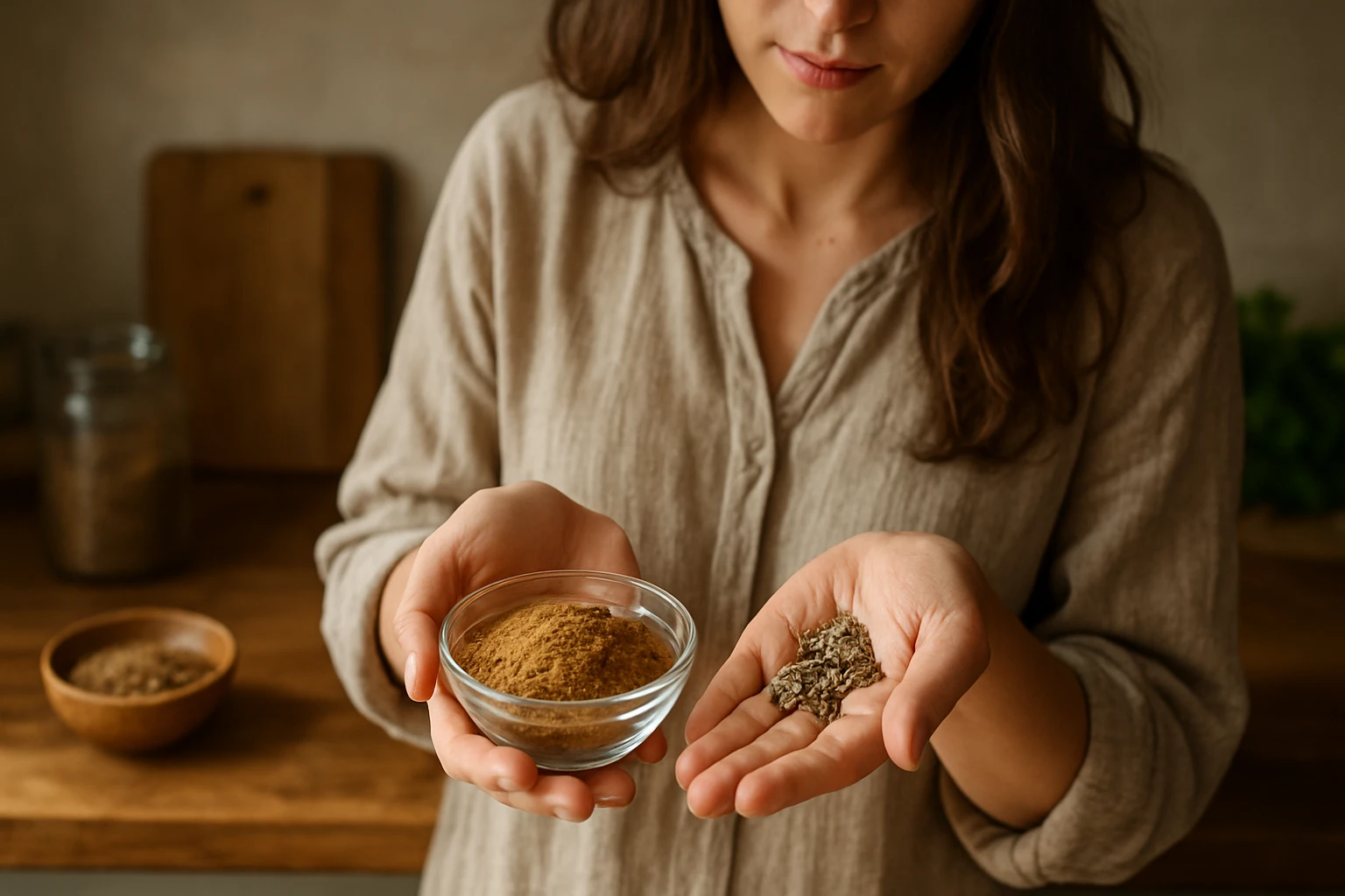 Žena drži mletý kmín a korenie v rukách za kuchynským stolom.