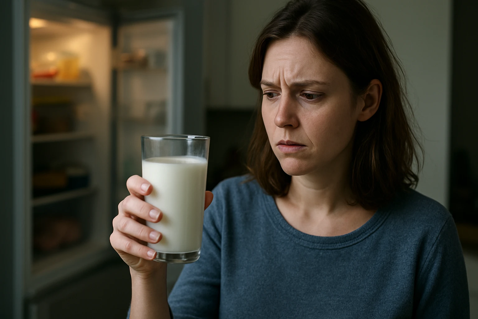 Žena skúma pohár mlieka s vážnym výrazom.