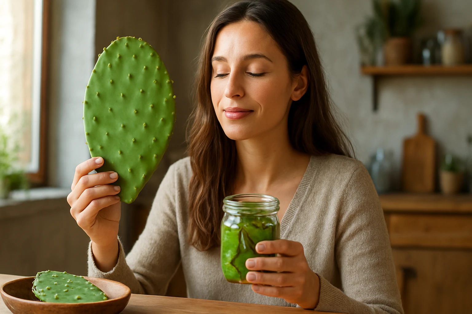 Žena s nopal kaktusom a pohárom zdravej šťavy doma.