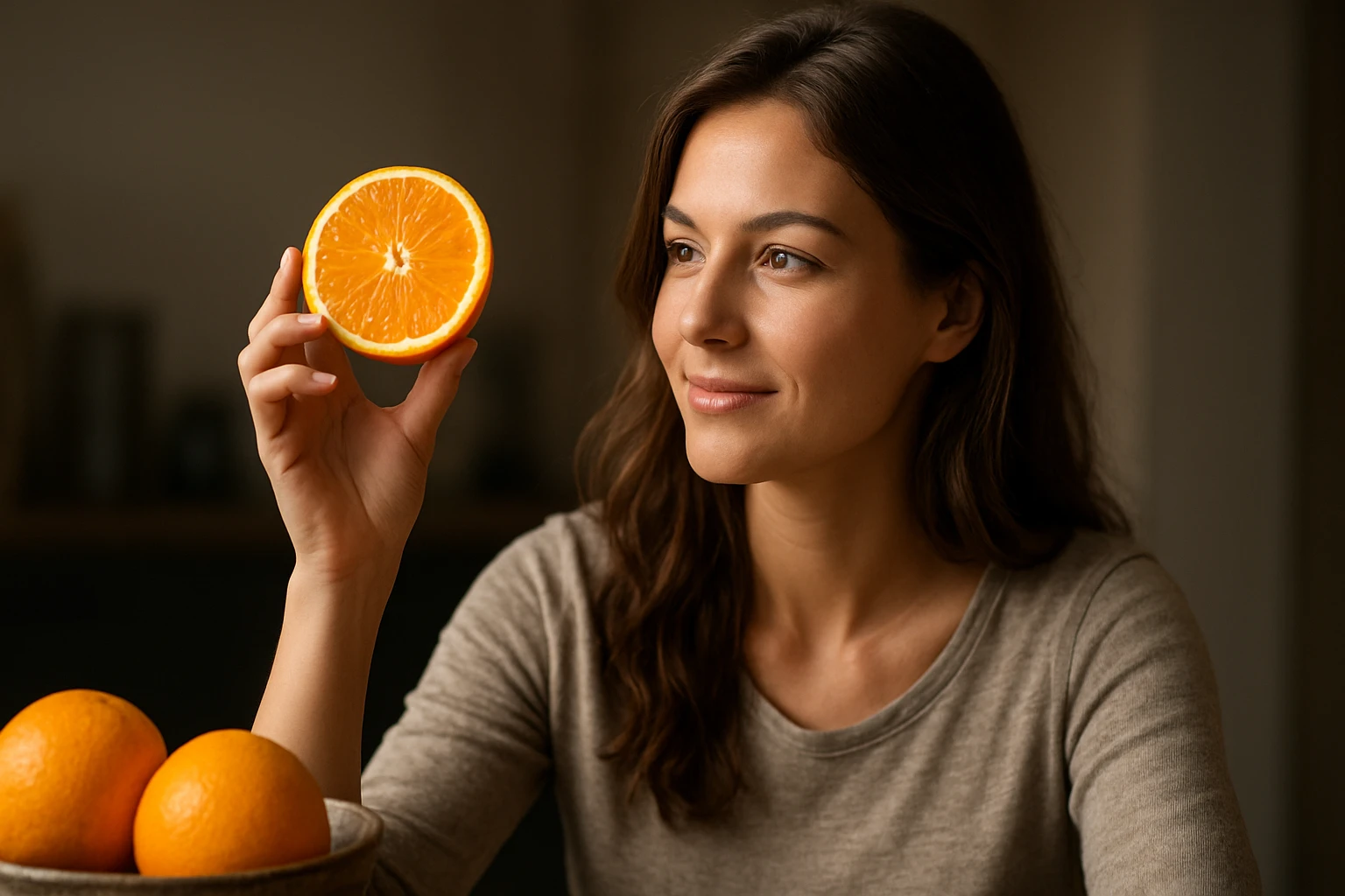 Žena drži plátok pomaranča, objavuje jeho chuť a prínosy.