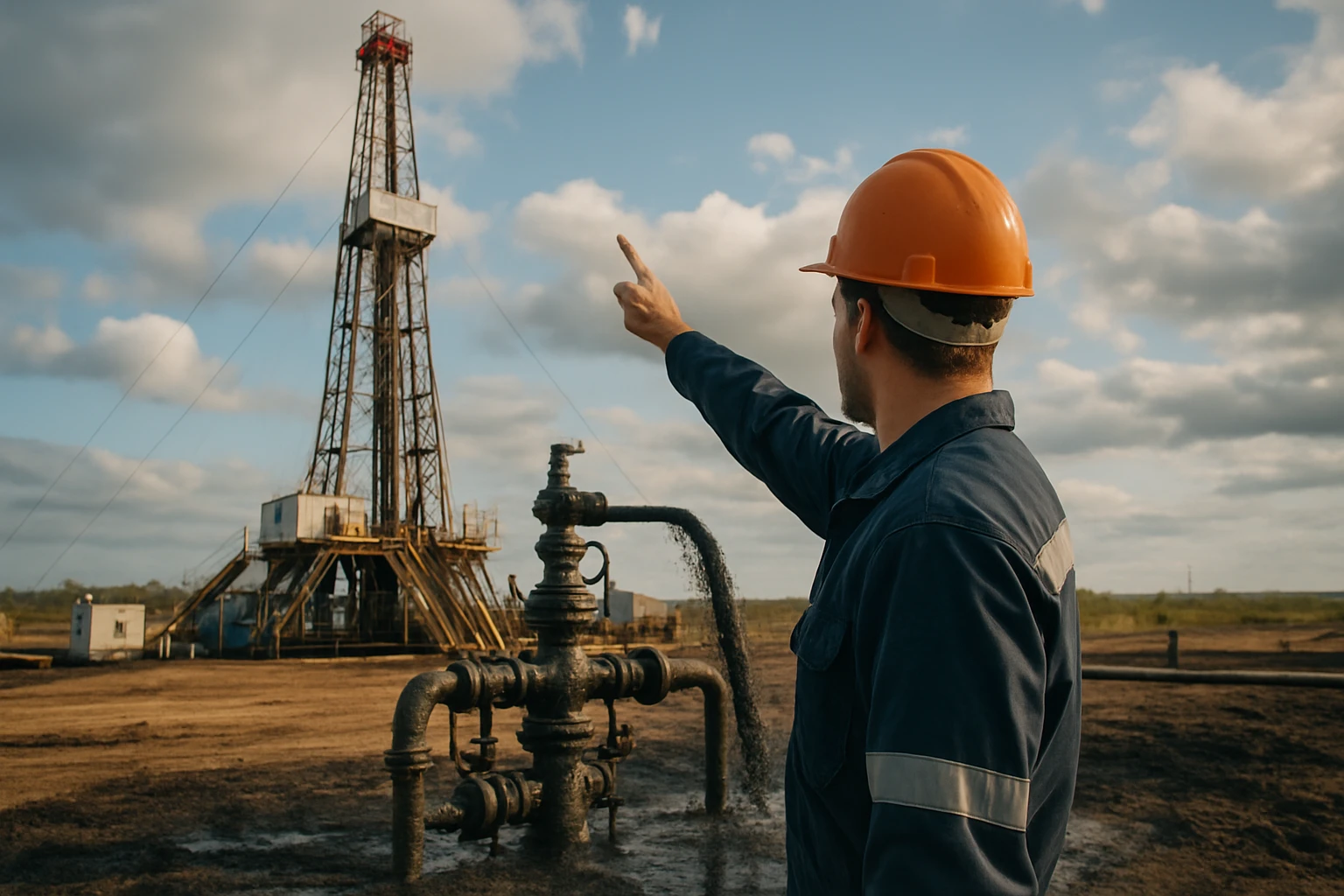 Pracovník ukazuje na vrtnú vežu na ťažbu ropy v prírode.