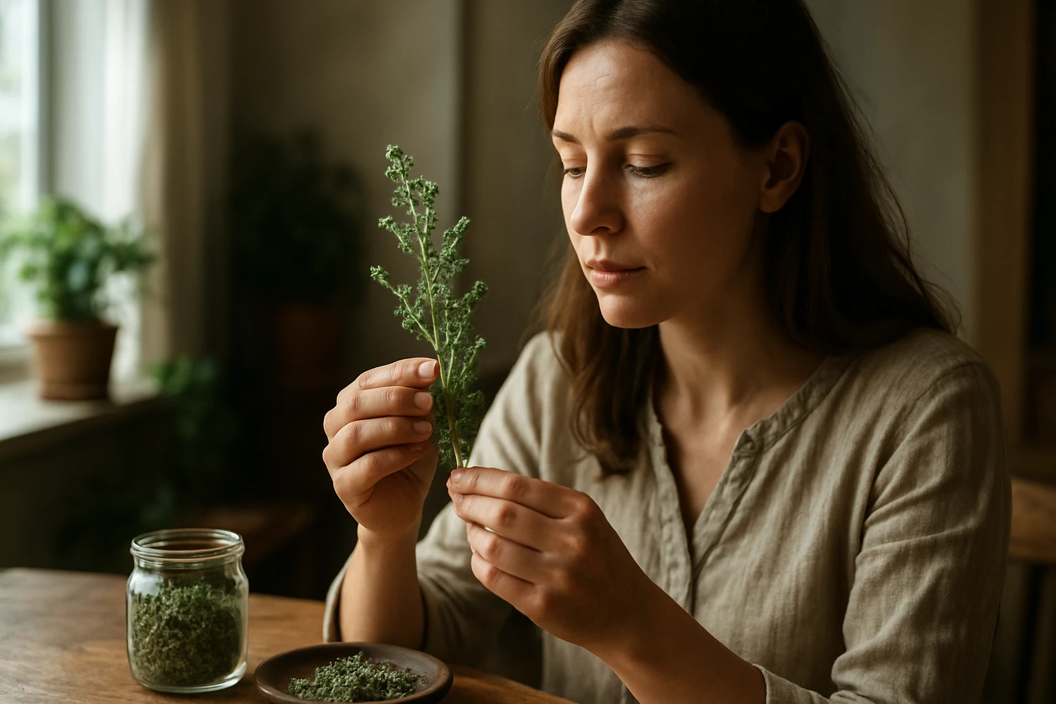 Žena skúma liečivú rastlinu jednoletú palinu v prírodnom prostredí.