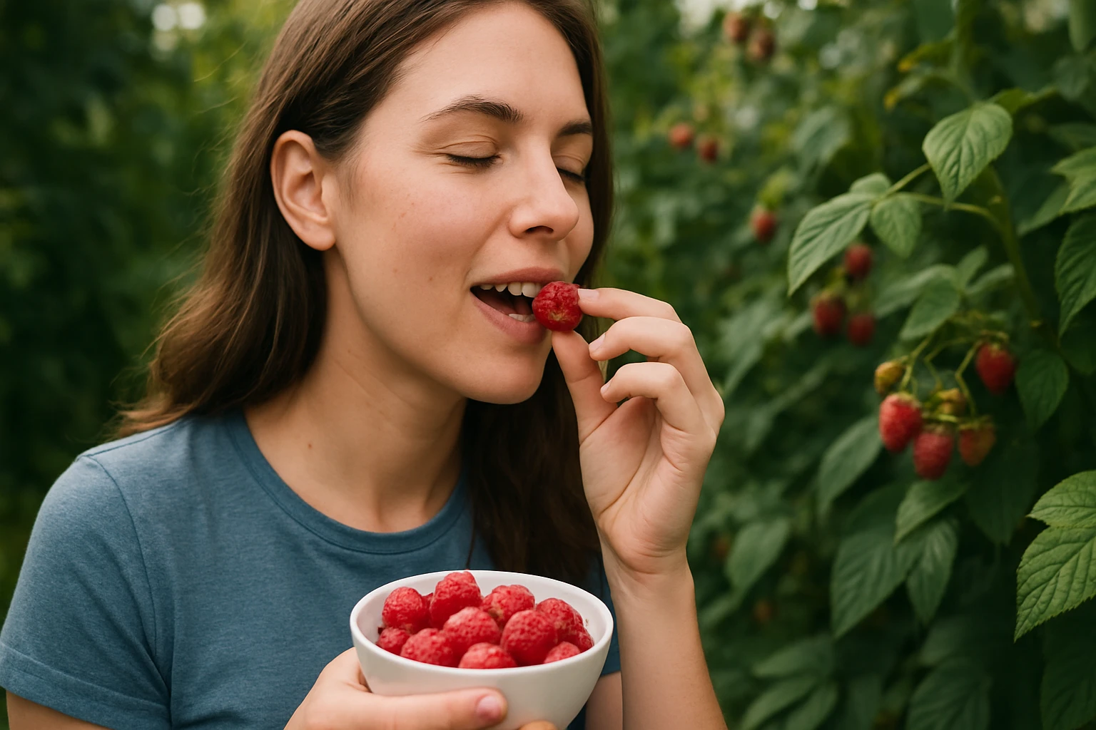 Mladá žena si vychutnáva šťavnaté maliny zo svojho taniera v záhrade.