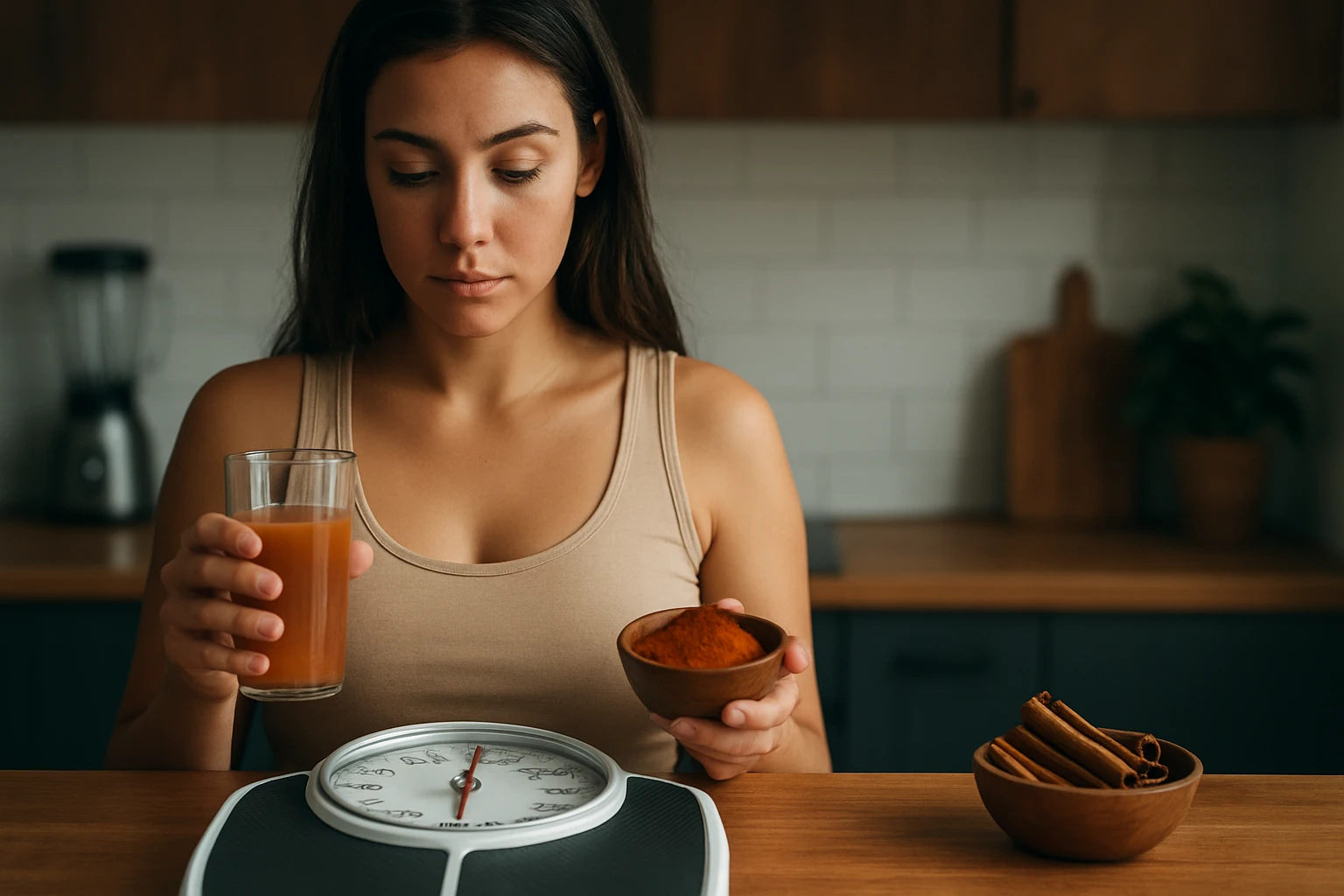 Žena meria váhu zatiaľ čo drží škoricu a nápoj v kuchyni