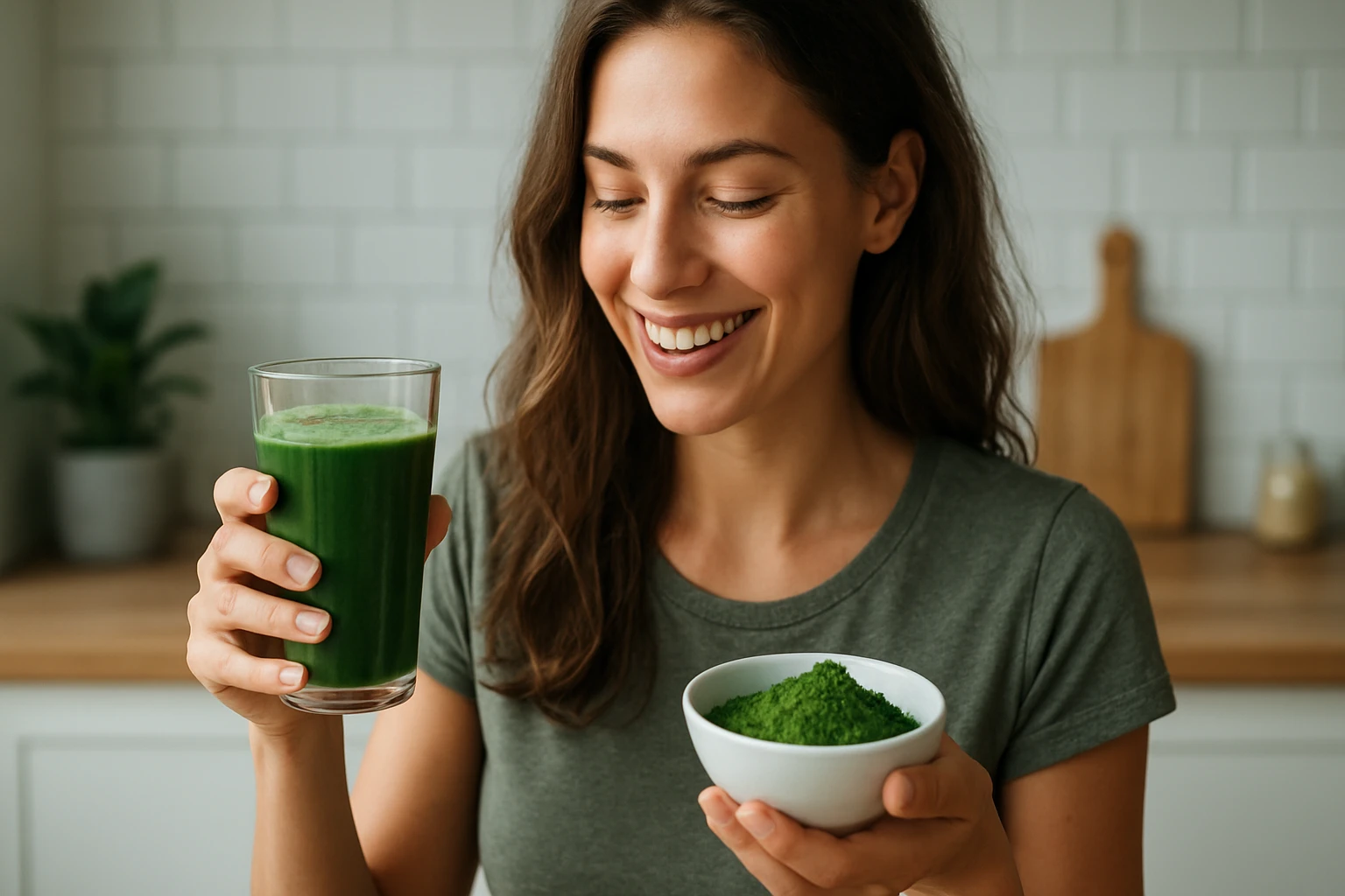 Žena sa usmieva a drží pohár a misku so zelenými riasami.