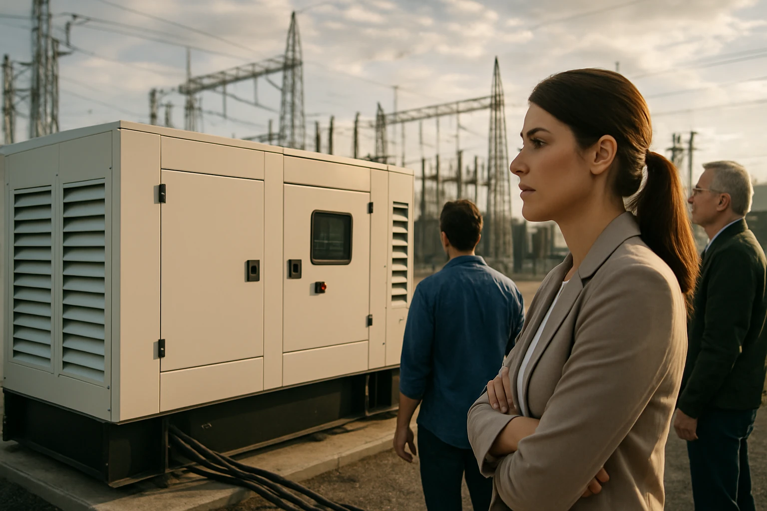 Profesionáli sledujú generátor v priemyselnom prostredí s elektrickými stĺpmi.