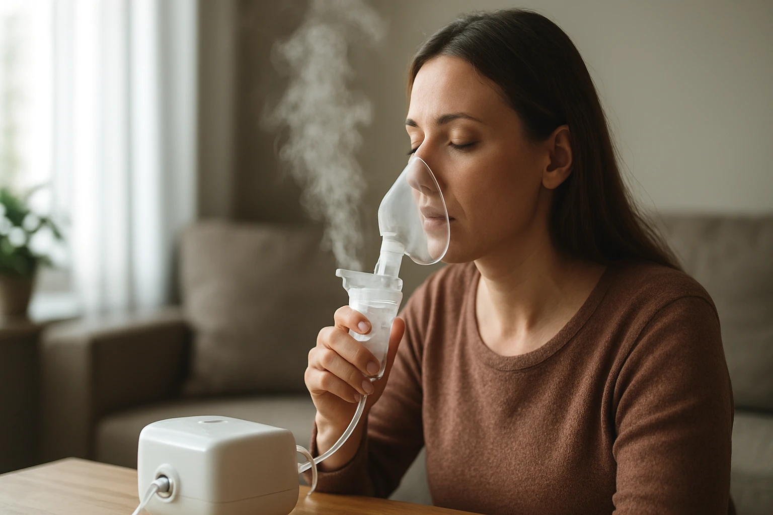 Žena používajúca inhalátor pre lepšie dýchanie a zdravie.