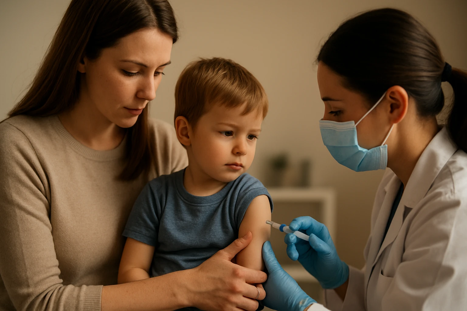 Dieťa dostáva očkovanie proti ovčím kiahňam od lekára s matkou vedľa.