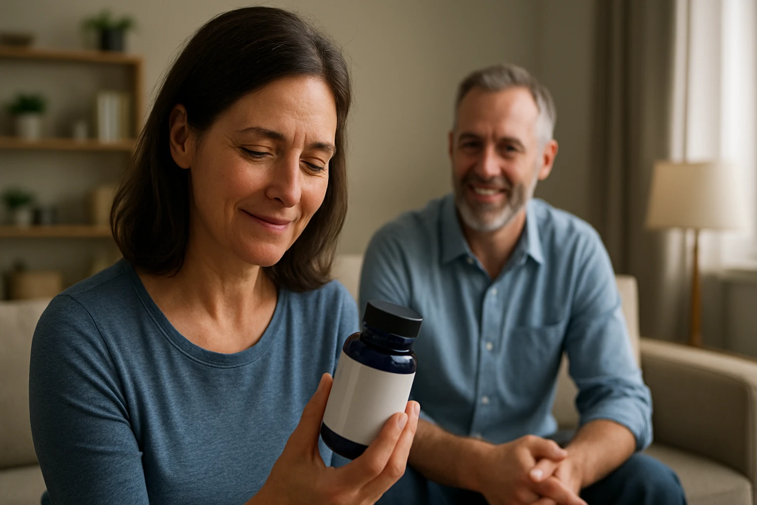 Žena skúma fľašu so suplementom Liderin, zatiaľ čo sa usmieva muž.