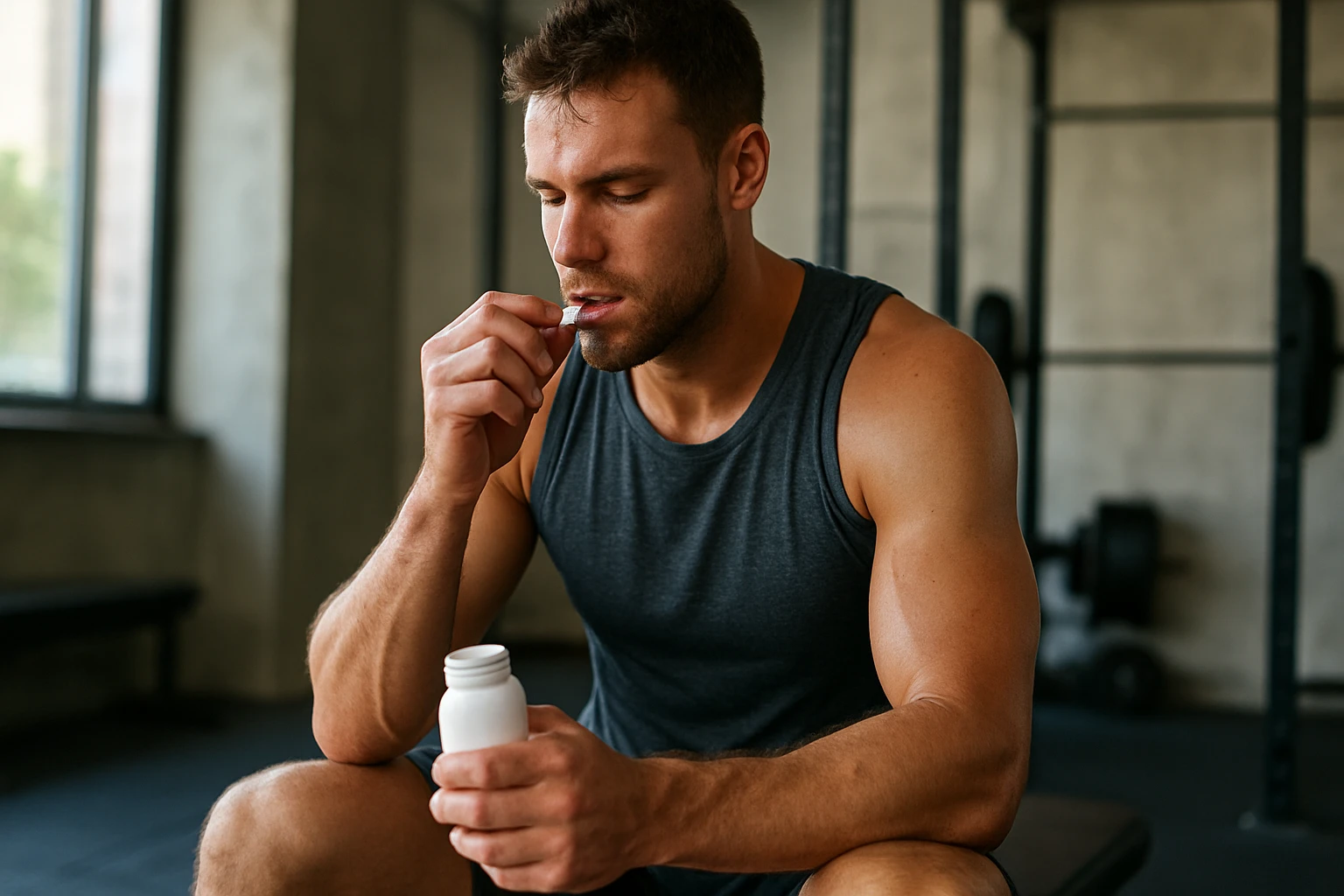 Muž berie magnézium na zlepšenie športového výkonu a svalov.