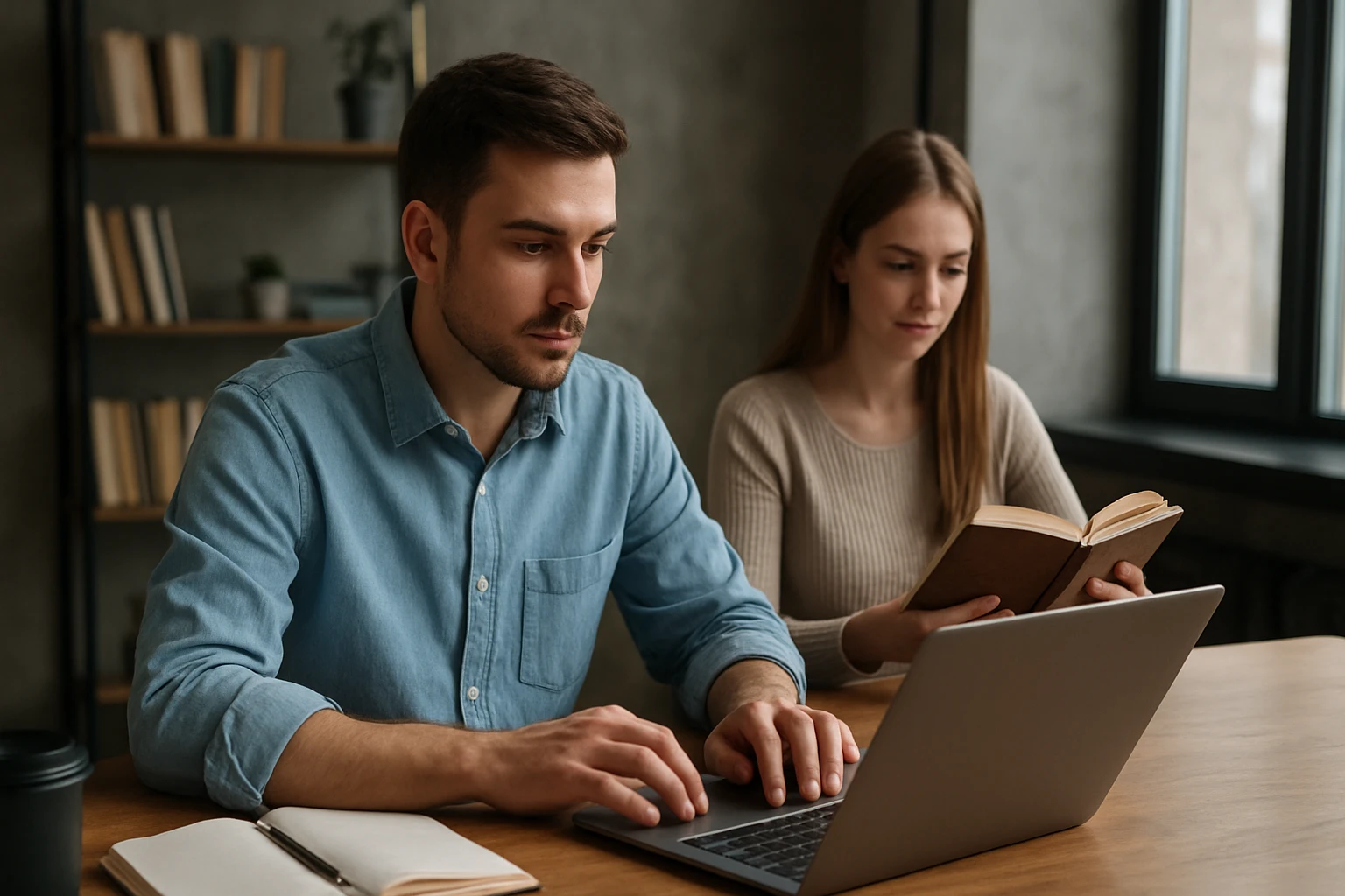 Muži pracujúci na notebooku a žena čítajúca knihu v modernom prostredí.