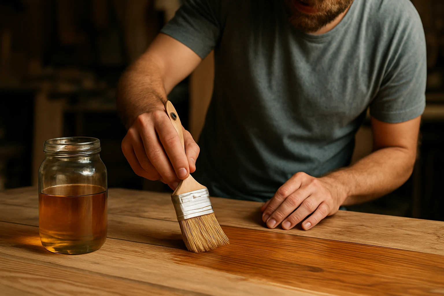 Mu muž natiera drevo ľanovým olejom na ochranu a výživu.