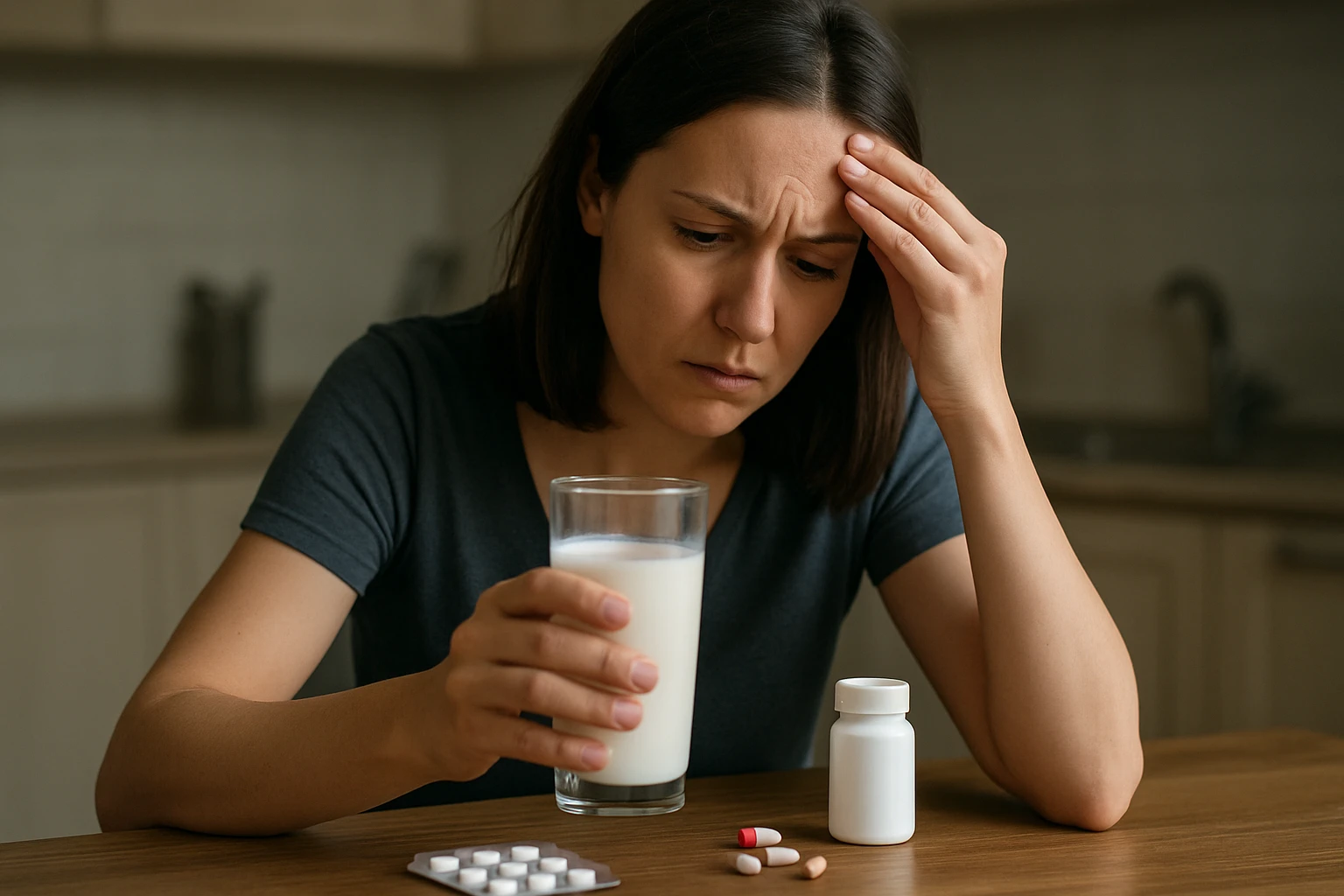 Žena s pohárom mlieka a liekmi, zamyslená nad zdravím.