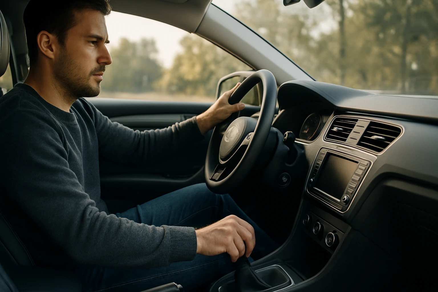 Muž riadi vozidlo a sústreďuje sa na brzdenie.