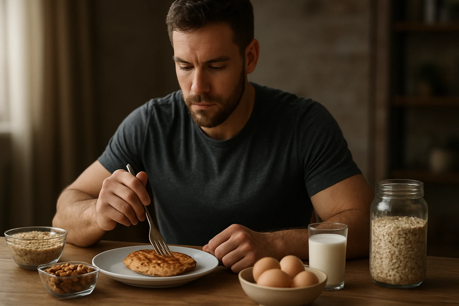 Muž si vychutnáva jedlo bohaté na bielkoviny s ovsenými vločkami a vajíčkami.