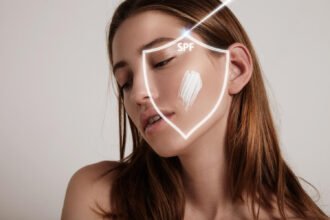 Žena s ochranným krémom na pleti a ochranným faktorom SPF